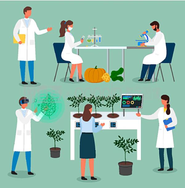 一组卡通人物。实验室工作人员探索植物育种和蔬菜农业遗传的新方法。用试管种植生态植物。虚拟现实,现代技术。一组实验室工作人员,科学家探索种植自然生物植物的方法,食物